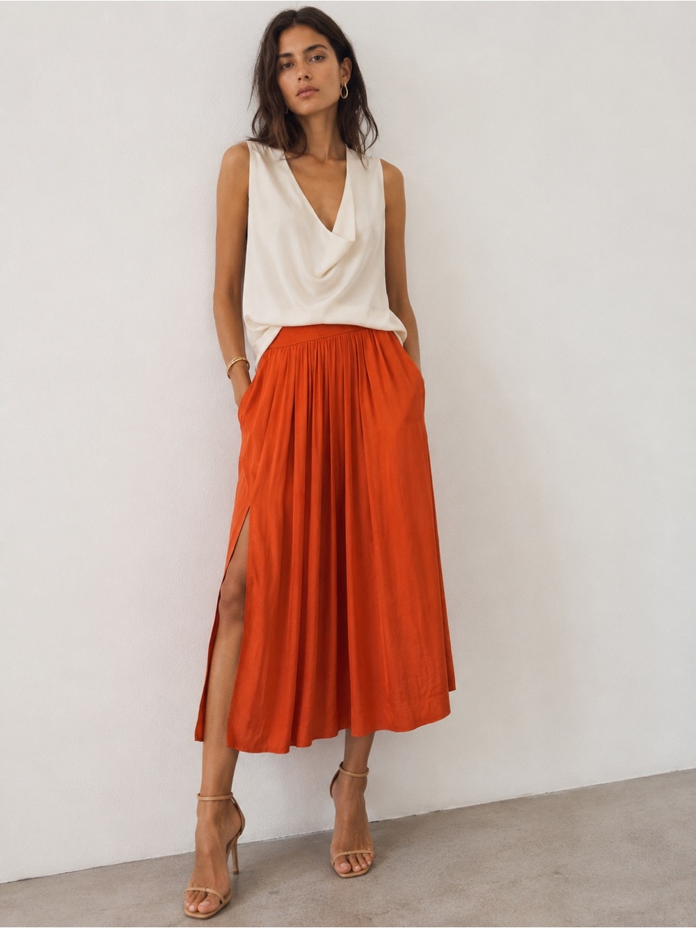 H&M Orange Flowy Midi Skirt Side Slit Elastic Waist Size 4 NWOT